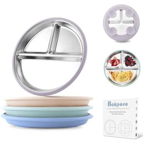 Stainless Steel Toddler Plate with Suction, 8” Divided Plates with Removable Silicone Sleeves for Baby, Non Toxic Unbreakable Kids Snack Dishes Set of 4, Sage Blue Beige Lilac