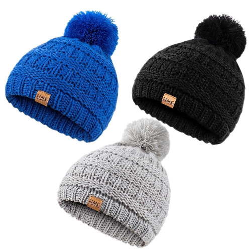 REDESS Baby Kids Winter Warm Beanie Hats, Infant Toddler Children Pom Pom Beanie Knit Cap Girls Boys-3 Pack