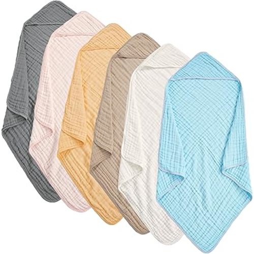 Muslin Hooded Baby Towels 6 Pack - 32x32 Inches, Premium 6-Layer 100% Cotton Extra Soft Absorbent Bath Towels for Infant, Newborn Gift Set (6 Pure Colors)