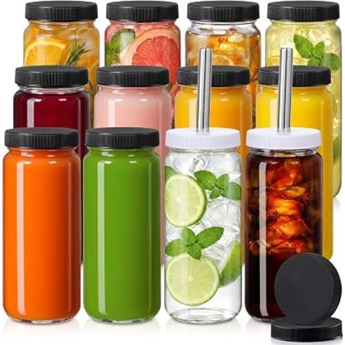 12 Pack 16OZ Glass Juice Bottles with 12 Airtight Lids & 2 Straw Lids & 2 Straws - Freezable Juice Container, Travel Juicing Jars, Drinking Water Cups - Reusable Tall Jar for Tea, Juice, Smoothies