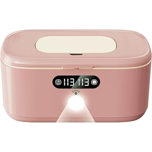 Wipe Wamer for Vehicle and Home Use, Baby Wet Wipes Dispenser and Diaper Wipe Warmer with Night Light,Temperature Display,No Need Water and Sponge, ℉ and ℃ Convertible (Pink, 110-240V)