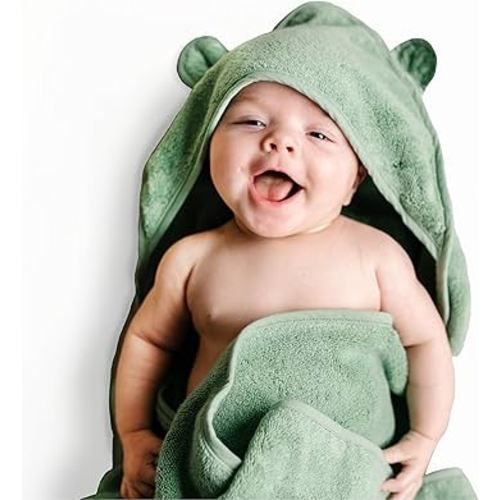 Natemia Hooded Baby Bath Towel - 100% Organic Cotton Baby Towels for Newborns, Toddlers, Boys, Girls - Soft Absorbent 450 GSM - Gentle on Sensitive Skin - Baby Shower Registry Gift (35" x 35")