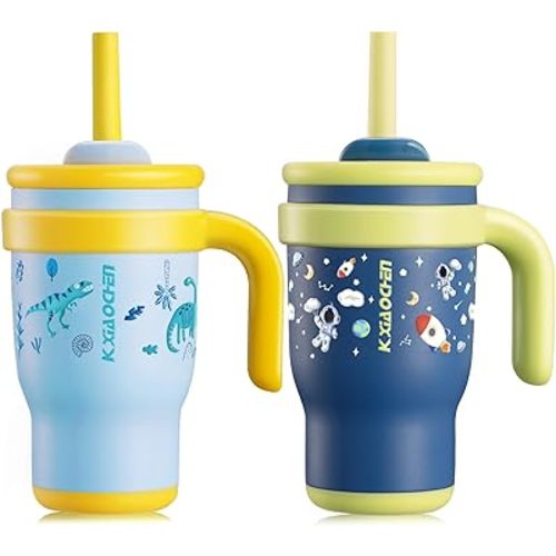 KXIAOCHEN 14 oz Kids Tumbler with Handle for Spill Proof Insulated Stainless Steel Reusable Tumbler for Toddlers, Keeps Drinks Cold up to 24 Hrs,Dinosaur+Spaceman2P