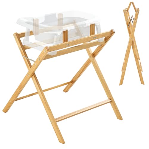 FUNLIO Wooden Baby Bathtub Stand, Foldable Baby Bath Stand for 0-24 Months, Safe & Sturdy with 8-Point Support, Durable infant Tub with Waterproof Coating, 110lbs Capacity