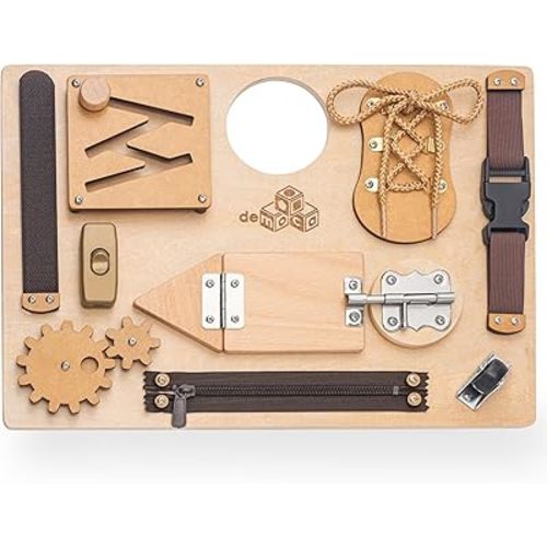 deMoca Busy Board Montessori Toys for Toddlers, Sensory Wooden Toy with 10 Educational Activities to Develop Fine Motor Skills, Plane and Car Travel Toy for Toddlers Boys and Girls