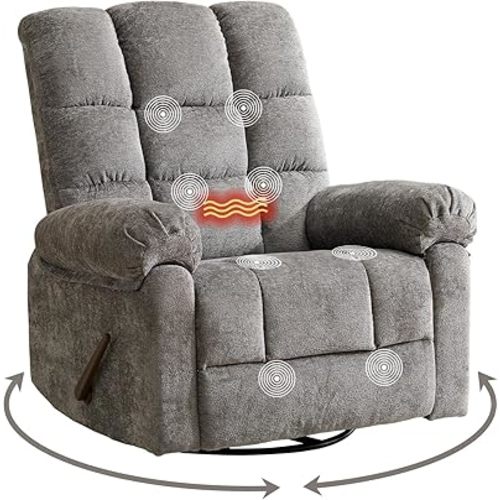 Oversized Swivel Rocker Recliner with Heat and Massage, Comfy Rocking Chair Overstuffed Rocker Recliner,Wide Manual Recliners for Living Room,Grey