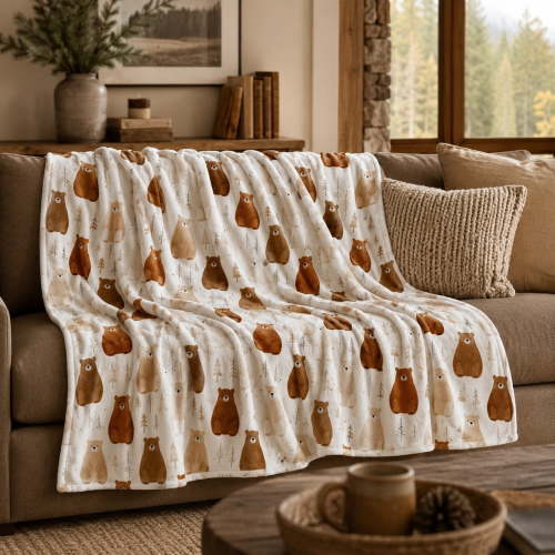 Woodland Bear Forest Animal Pattern Fleece Throw Blanket, Soft 280 GSM Polyester, Animal Lover Decor