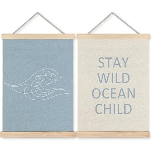 BearCake Stay Wild Ocean Child Blue Beach Nursery Wall Decor Art Poster Hanger Frame, Coastal Ocean Canvas Prints Framed Wall Decor for Nursery Kids Toddler Room Playroom, 12x16 Inch Set of 2