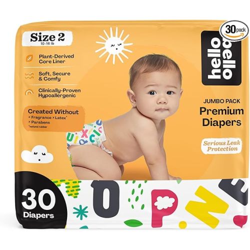 Hello Bello Premium Baby Diapers Size 2, 30 Count of Disposable, Extra-Absorbent, Hypoallergenic Baby Diapers with Snug and Comfort Fit, Alphabet Soup