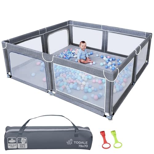 Todale Baby Playpen - 79 x 70 in, Gray - Foldable & Collapsible Playpen Yard with Mesh Panels & Safety Gate - Adjustable Extra Large Play Area for Babies & Toddlers