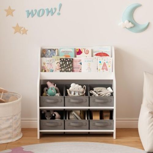 ORRD Kids Bookshelf with 6 Fabric Bins, 3-Tier Front Facing Bookcase & Toy Organizer for Playroom, Nursery, White and Gray