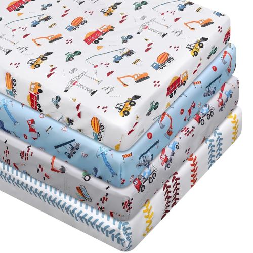 4 Pcs Construction Truck Crib Sheet Set Baby Sheet Newborn Bedding Nursery Crib Sheets for Girl Boys Baby Gifts for Standard Crib and Toddler Mattresses, 52 x 28 x 8 Inches