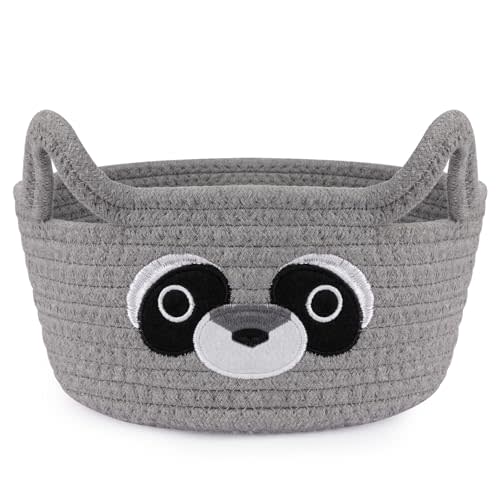 Hkojewp Small Storage Basket for Nursery, Raccoon Storage Basket, Round Woven Rope Cotton Storage, Baby Blanket 0rganizer with Ears Handles, Animal Blanket Towel Decor Storage Bins, 8.2"D x 4.7"H IN