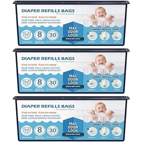 Diaper Pail Refills Bags with 30 Bags Compatible with Genie Easy Roll Signature Diaper Pails, Lasts Up to 8 Months, 7-Layer Odor-Barrier Technology, Pack of 3 (90 Bags)