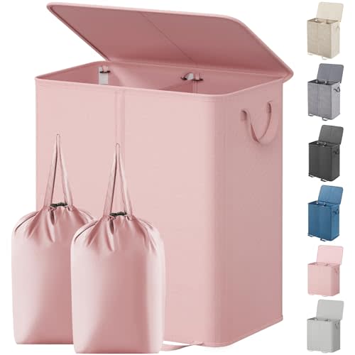 Lifewit Double Laundry Hamper with Lid and Removable Laundry Bags, Large Collapsible 2 Dividers Dirty Clothes Basket with Handles for Bedroom Laundry Room Closet Bathroom College, 155L Pink