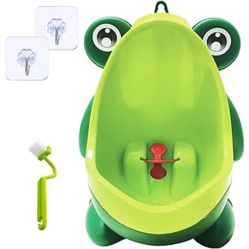 Frog Pee Training with Brush and Hooks, Green Cute Potty Training Urinal,Potty Training Toilet for Boys Kids Toddler with Funny Aiming Target,Frog Shape Pee Trainer
