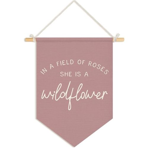 Wheatwin Girl Nursery Decor, in a Field of Roses She Is a Wildflower Wall Hanging Pennant Flag Banner, Wildflower Nursery Wall Decor for Toddler Baby Girls Room Bedroom Playroom 15x11 Inch