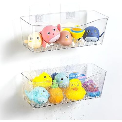 MIUKAA 2 Pack Large Bath Toy Storage Organizer, Clear Bath Toy Holder for Bathtub, Plastic Shower Toy Holder, Fast drainage, No Drilling Required, Easy to Install