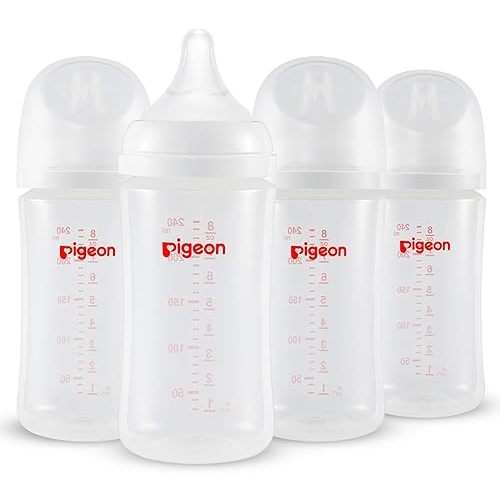 Pigeon PP Nursing Bottle Wide Neck, Anti-Colic, Streamlined Body, Natural Feel, Easy to Clean, 8.1 Oz(Pack of 4), Includes 4pcs M Nipples (3m+)