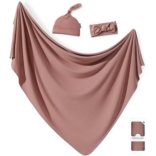 GRSSDER Newborn Swaddle Blanket, Ultra Soft Jersey Receiving Blanket with Matching Headband and Beanie Set, 47×47" Extra Large Nursery Swaddle Wrap for Girls and Boys