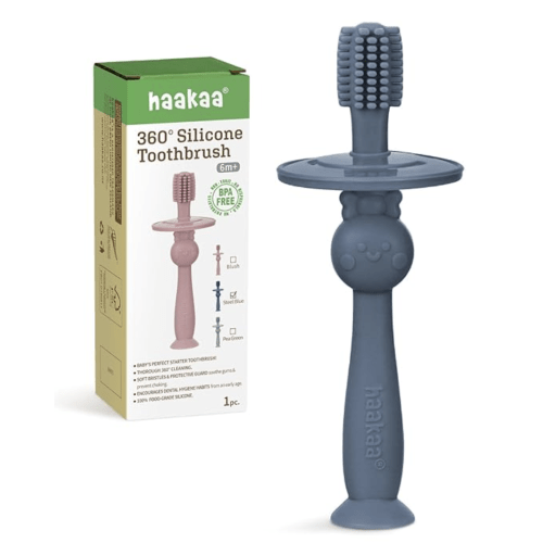 haakaa 360° Baby Toothbrush with Suction Base - Gentle Cleaning for Infant Self-Brushing Training, Food-Grade Silicone, Adjustable Safety Shield - Steel Blue (1 Piece)