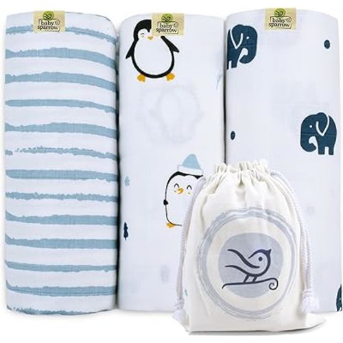 BabySparrow 3 Pack Muslin Swaddle Blankets - Soft, Lightweight, Breathable Cotton Newborn Swaddle, Baby Girl and Baby Boy Receiving Blankets, 47 x 47 Inches, Nursery Essentials