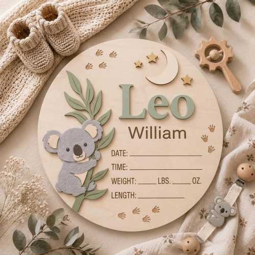 Personalized Koala Baby Birth Announcement Sign, Custom Newborn Name Plaque, Koala Nursery Decor, Baby Birth Stats Keepsake, Woodland Baby