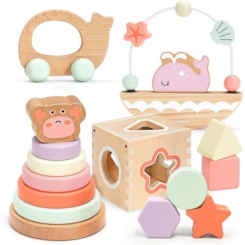 Montessori Wooden Toys Set for Toddlers 12M+ 4-in-1 Educational Toy with Stacking Rings, Shape Sorter, Bead Maze & Baby Car