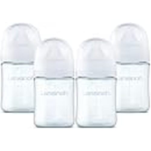 Lansinoh Anti-Colic Glass Baby Bottles, White Collar, 5 Ounces, 4 Count | Slow Flow Nipples (S), 1-3 Months, Borosilicate Glass, Lansinoh Bottles with NaturalWave Design, Baby Feeding Essentials