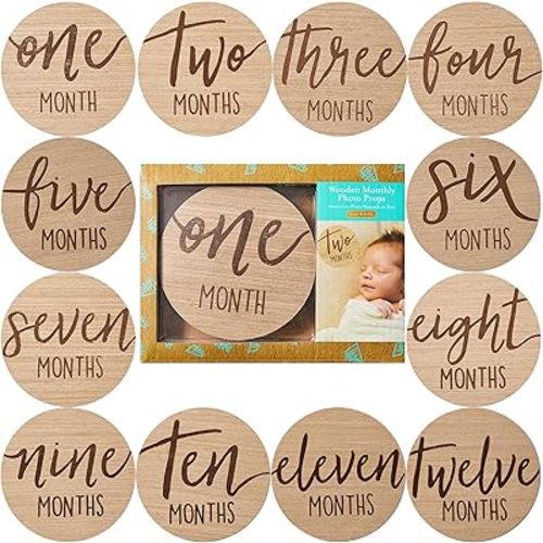 Kate & Milo Baby Monthly Milestone Marker Discs - Classic Cursive Script Wooden Discs with Reversible Photo Props for Baby Announcement and Milestones, Gender-Neutral Gift for Newborn Boy and Girl