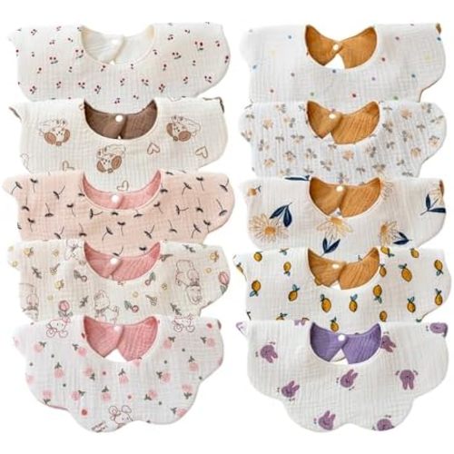 EllieHouse Baby Bibs for Girls Boys 10Pack Muslin Drool Teeth Drooling Teething Bibs Muslin Cotton for Infant Toddler