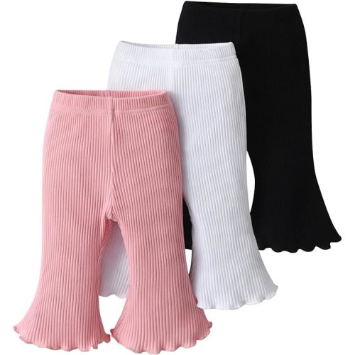 3 Pack Infant Baby Girl Solid Color Flare Pants Ribbed Bell-Bottoms Leggings