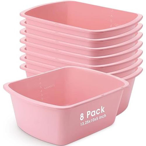 Honeydak 8 Pack Wash Basins Plastic Wash Tub Pink 7 Quart Graduated Buckets Rectangular Plastic Hospital Bedside Soaking Tub Washing Basin for Cleaning Foot Bath Washing Dishes Face Cleansing