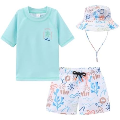 Toddlers and Baby Boys' 3-Piece Rashguard Sets Swimsuits Sets with Hat Surfing Swimwear Sunsuit UPF 50+