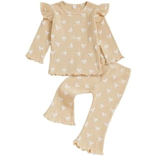 Seyurigaoka Toddler Baby Girl Fall Clothes Bow Print Long Sleeve Ruffle T Shirt Top Flare Pants Two Piece Outfit