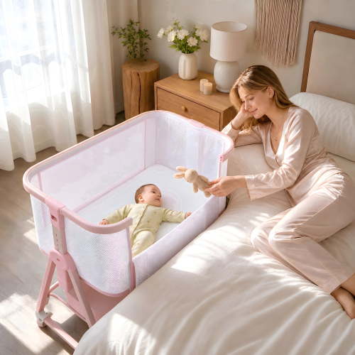 PRVAETU Baby Bassinet Bedside Sleeper,6-Level Height Adjustable Bedside Crib with Wheels & Breathable Meshfor Newborns Infants Boys Girls,Pink