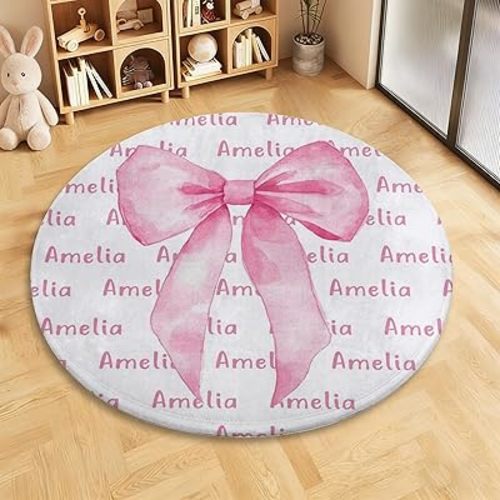 Personalized Bow Baby Rug for Girls, Customized Round Area Rug with Name, Custom Play Mat Non-Slip Floor Rug for Kids Room Playroom Bedroom Nursery