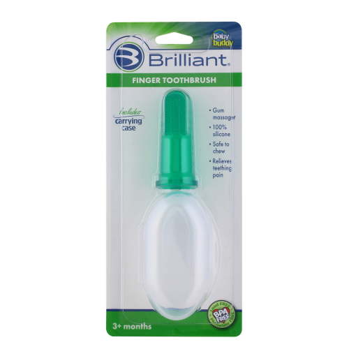 Brilliant Baby Infant Finger Toothbrush with Case, Soft Silicone Gum Massager & Teether Brush, Green