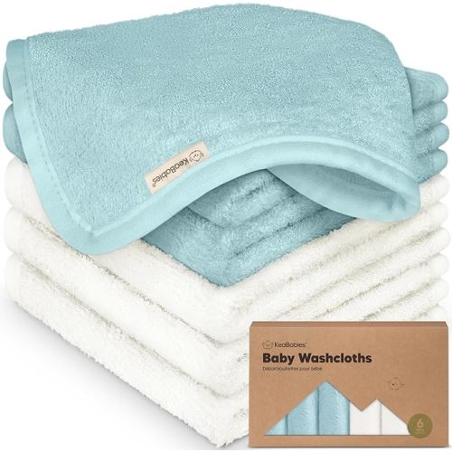 6-Pack Organic Baby Washcloths - Soft Viscose from Bamboo Washcloth, Baby Wash Cloths, Baby Wash Cloth for Newborn, Kids, Bath Baby Towels, Face Towel, Face Cloths for Washing Face (White/Sky)