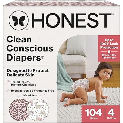 The Honest Company Comfort Dry Disposable Daytime Diapers for Sensitive Skin, Hypoallergenic, Wild Thang + All The Alpacas, Super Club Box Size 4 (22–37 lbs) 104 Count