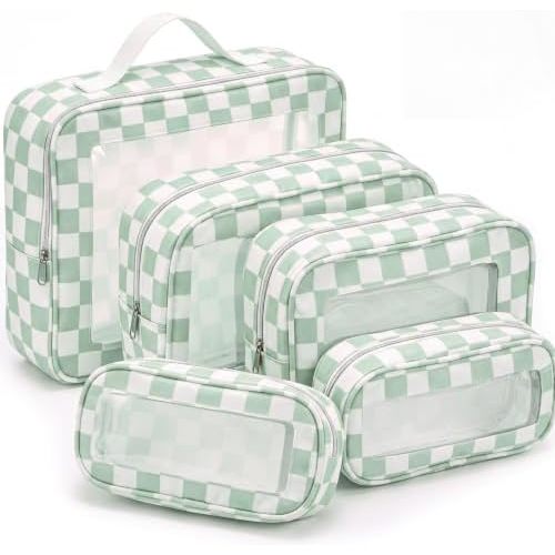 Thinkday 5 Pcs Diaper Bag Organizer Pouch Set Clear Makeup Bag Checkered Waterproof PVC Toiletry Organizer Travel Cosmetic Pouch for Beach Skincare Women Mothers Gifts Hospital Essentials(Mint Green)