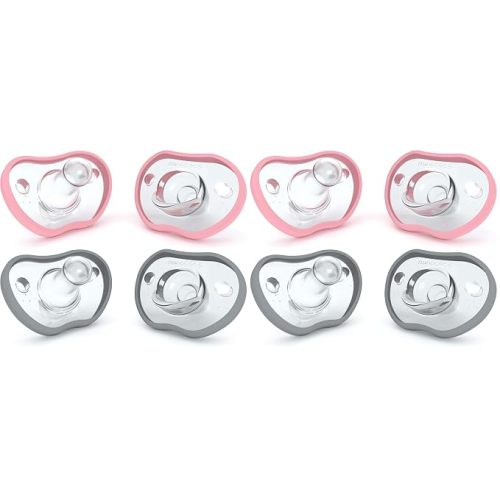 Nanobebe Baby Pacifiers 0-3 Month - Orthodontic, Curves Comfortably with Face Contour, Award Winning for Breastfeeding Babies, 100% Silicone, Baby Registry Gift 4pk,Pink/Grey