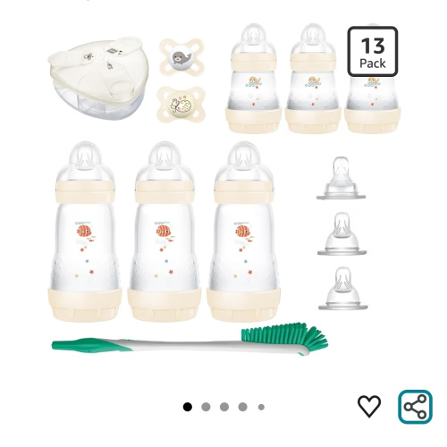 MAM Newborn Essentials Anti-Colic Baby Bottle & Pacifier Set 6 Easy Start Bottles (5oz & 9oz) 8 SkinSoft Nipples (Slow–X-Fast Flow) | Self-Sterilizing, Glow in The Dark Pacifiers & Brush