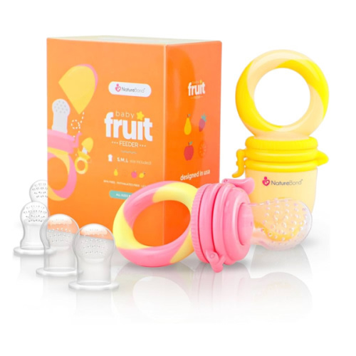 NatureBond Baby Food Feeder/Fruit Feeder Pacifier Nibbler (2 Pack) - Infant Teething Toy Teether Weaning in Appetizing Colors | + Additional Silicone Sacs