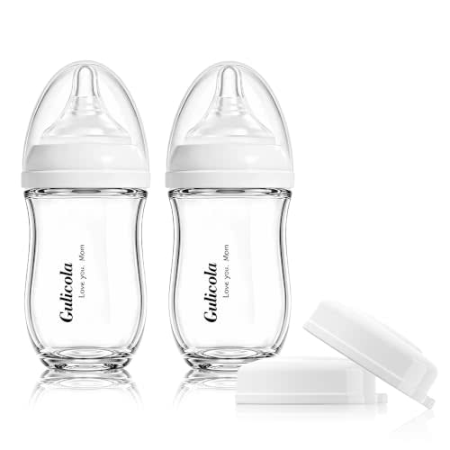 Gulicola Natural Glass Baby Bottle for Breastfeeding Babies, Newborn Anti-Colic Bottle Set with Slow Flow Nipple, 0-3 Months, 5 oz, 2 Pack - White