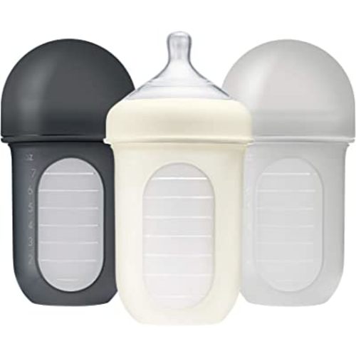 Boon Nursh Reusable Silicone Pouch Baby Bottles - Medium Flow Nipple - Silicone Baby Bottle Pouch and Nipple - Baby Feeding Essentials - Gray - 3-6 Months - 3 Count - 8 Ounce