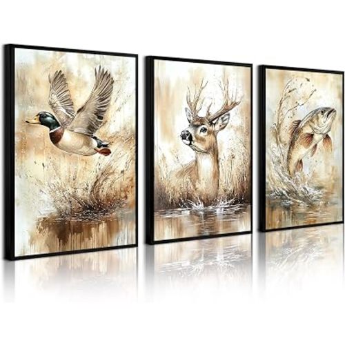 Vintage Animal Wall Art Baby Boy Room Canvas Wall Decor Farmhouse Animal Posters Kids Nursery Hunting Art Prints Rustic Deer Fish Pictures Mallard Duck Painting for Bedroom 12x16 Inch Unframed 3pcs