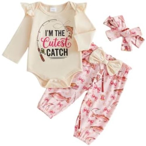 Baby Girl Fishing Outfit Fish Shirt Romper Pants Set Fall Clothes
