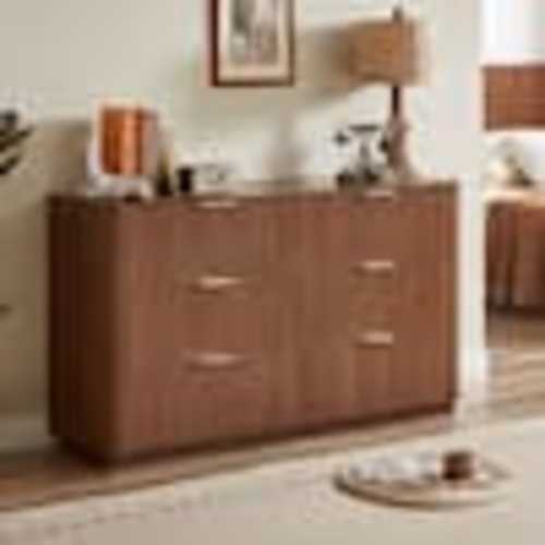 Noble House Relic Modern Brown 6-Drawers 55.12 in. Chest of Drawers with Metal Handle, Curved Wave Design, Dresser TV Stand, Walnut 143154
