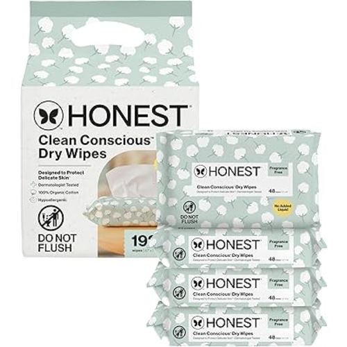 The Honest Company 100% Pure Organic Cotton Dry Wipes Multi-Use Disposable Facial Cloths and Baby Hypoallergenic Gentle on Skin 192 Count